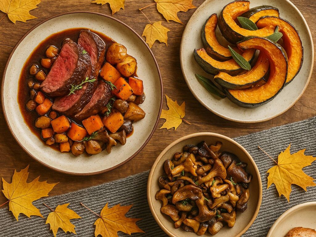 Fall spread with roasted squash, venison, and Adirondack mushrooms on rustic table.